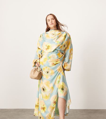 Curve - Robe mi-longue en satin à manches blousantes oversize et grand imprimé fleuri - Asos Edition - Modalova