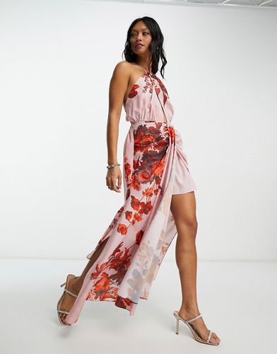 Robe drapée mi-longue à encolure américaine avec détail noué et motif fleuri ton sur ton - Asos Edition - Modalova