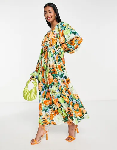 Robe longue oversize à fleurs colorées avec col V et volants - Asos Edition - Modalova