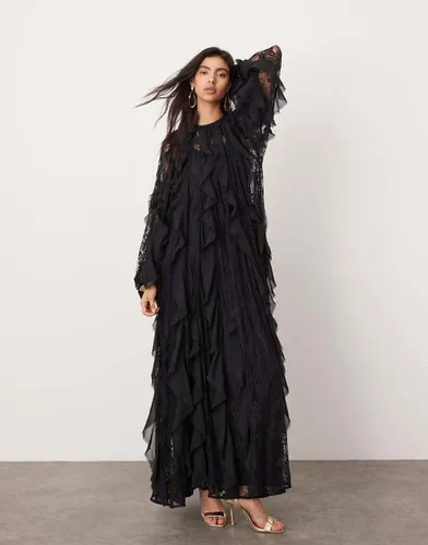 Robe longue à volants avec empiècement en dentelle et bords effilochés - Asos Edition - Modalova