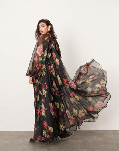 Robe longue en mousseline à manches volumineuses - Noir à imprimé fleurs - Asos Edition - Modalova