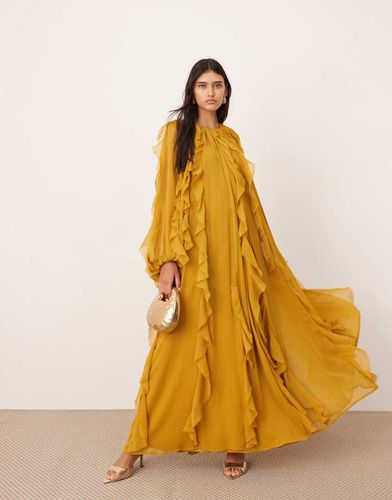 Robe longue volantée et effilochée en mousseline à manches bouffantes - Moutarde - Asos Edition - Modalova