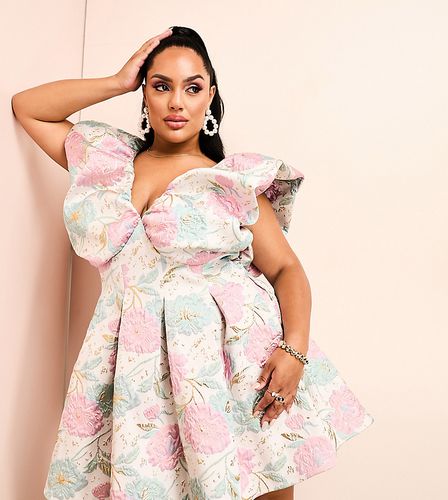 Curve - Robe boule à décolleté plongeant en jacquard fleuri - Rose - Asos Luxe - Modalova