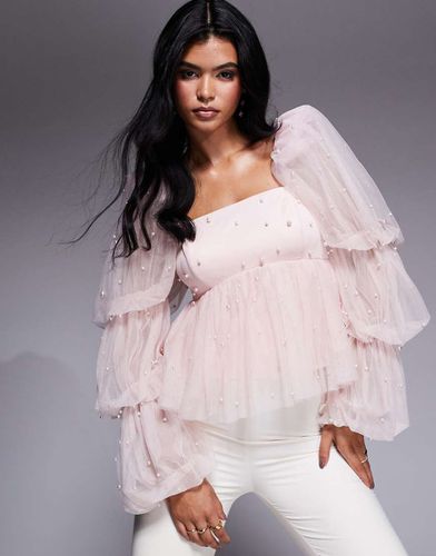 Top smocké en tulle orné de perles - Rose - Asos Luxe - Modalova