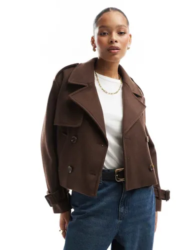 Trench-coat court en laine - Chocolat - Bershka - Modalova