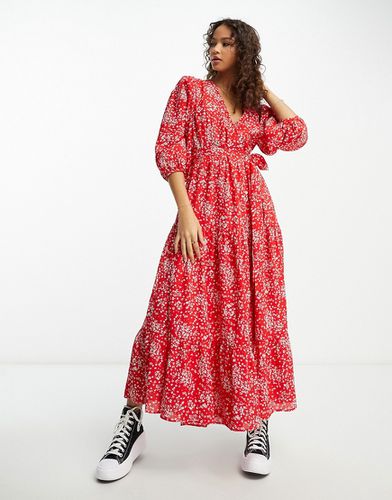 Robe portefeuille longue à petites fleurs et volants étagés - Rouge - Glamorous - Modalova