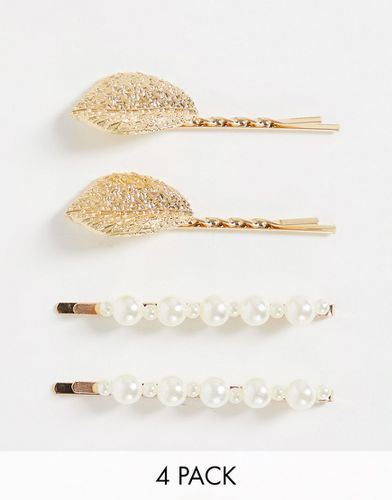 Lot de 4 barrettes avec feuilles et perles nacrées - DesignB London - Modalova