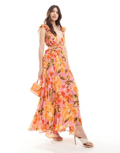 Robe plissée longue à découpe et imprimé fleuri - Orange/rose - Forever New - Modalova