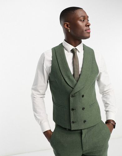 Gilet de mariage coupe slim en laine mélangée à double boutonnage et revers châle - Kaki - Harry Brown - Modalova