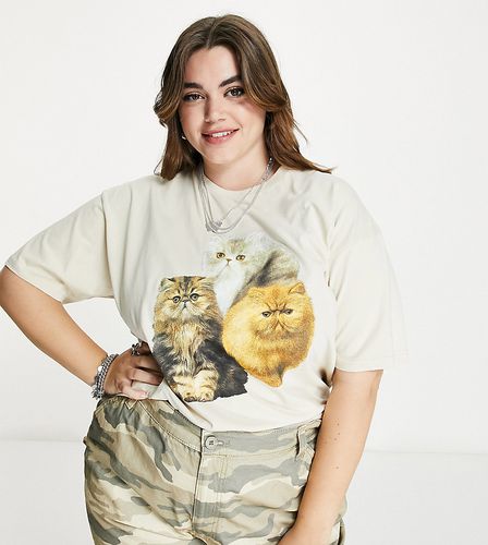 T-shirt oversize avec imprimé chats - Beige - Heartbreak Plus - Modalova