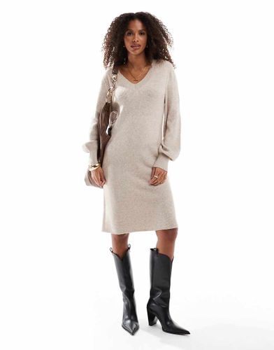 Robe mi-longue en maille  col V - Beige - Only - Modalova