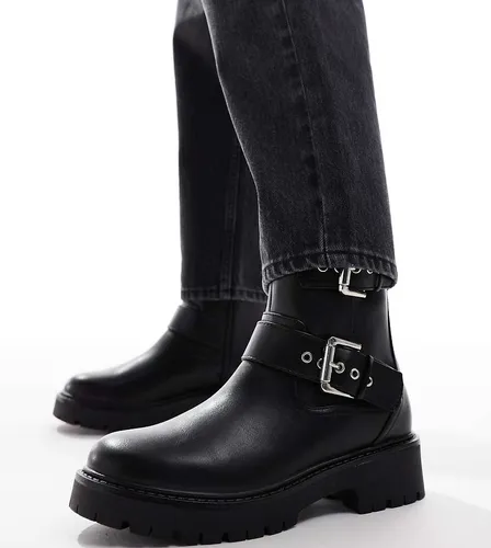 London Rebel - Keely - Bottines larges style motard avec boucles - London Rebel Wide Fit - Modalova