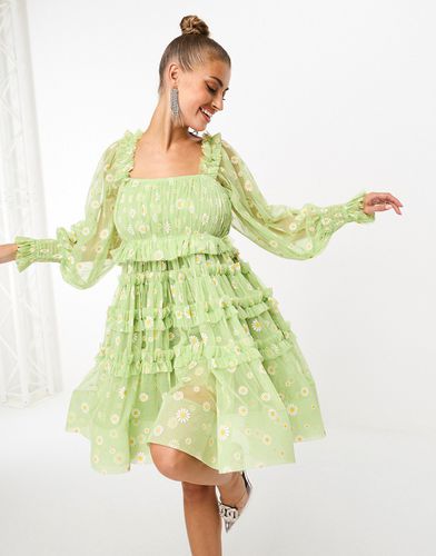 Exclusivité - Robe babydoll courte à manches longues en tulle motif pâquerettes - Vert - Lace & Beads - Modalova