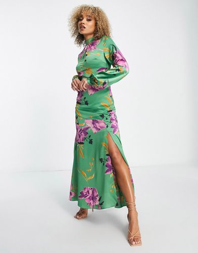 Robe longue en satin avec col à imprimé fleurs oversize - Vert et violet - Liquorish - Modalova