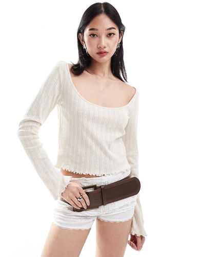 Top à manches longues et encolure dégagée en maille pointelle - Beige - Monki - Modalova