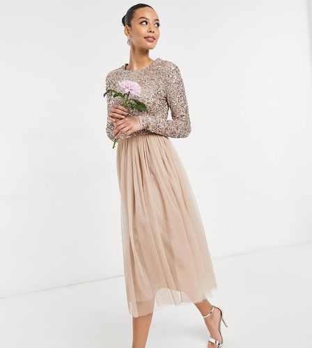 Robe de demoiselle d'honneur mi-longue en tulle col V avec sequins délicats ton sur ton - Blush taupe - Maya Tall - Modalova