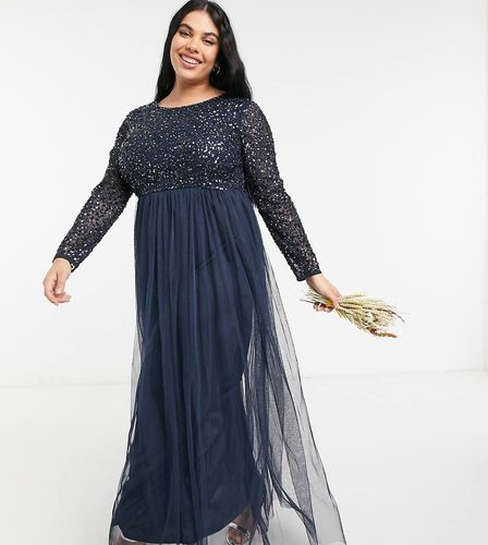 Robe longue en tulle à manches longues pour demoiselle d'honneur avec sequins délicats ton sur ton - Bleu - Maya Plus - Modalova