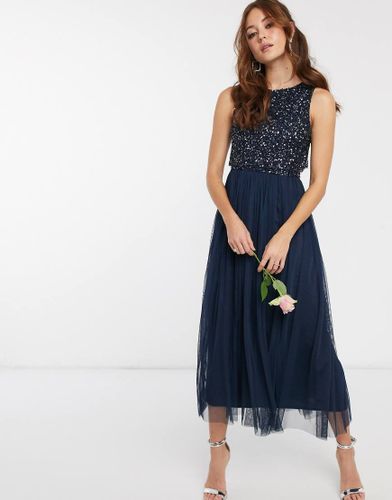 Robe en tulle longueur mollet pour demoiselle d'honneur avec sequins délicats ton sur ton - Bleu - Maya - Modalova