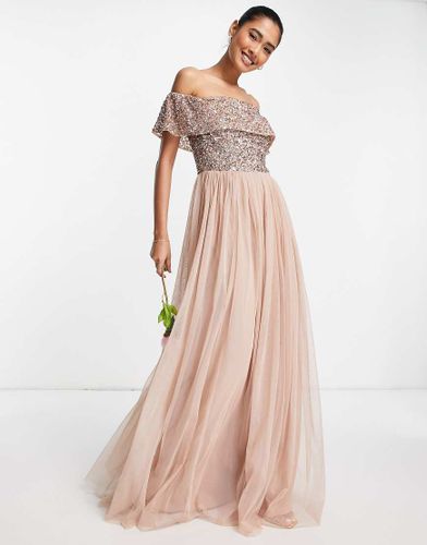 Robe longue de demoiselle d'honneur style Bardot en tulle à sequins délicats ton sur ton - Blush pâle - Maya - Modalova