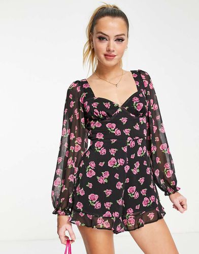 Combishort à manches longues en mousseline avec détail sur le buste et imprimé roses - Miss Selfridge - Modalova