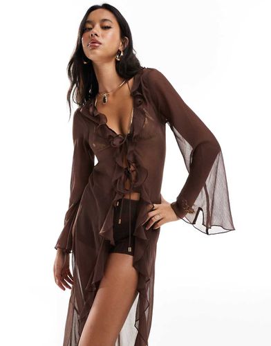 Kimono de plage long à volants - Chocolat - Miss Selfridge - Modalova