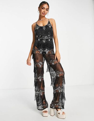 Premium - Festival - Combinaison ornementée à bretelles fines avec pantalon transparent et encolure dégagée - Miss Selfridge - Modalova