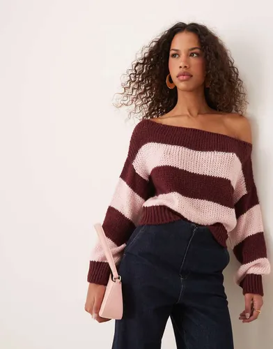 Pull rayé en maille à épaules dénudées - Rose et bordeaux - Miss Selfridge - Modalova