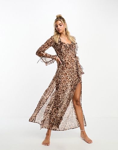Robe longue à imprimé léopard en mousseline à manches longues avec fente latérale - Miss Selfridge - Modalova
