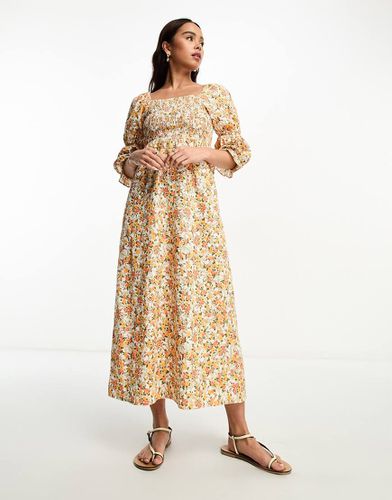 Robe mi-longue froncée en lin et coton à petites fleurs - Orange - Miss Selfridge - Modalova