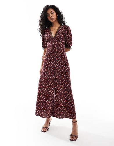 Robe rétro longue à imprimé fleuri - Bordeaux - Miss Selfridge - Modalova