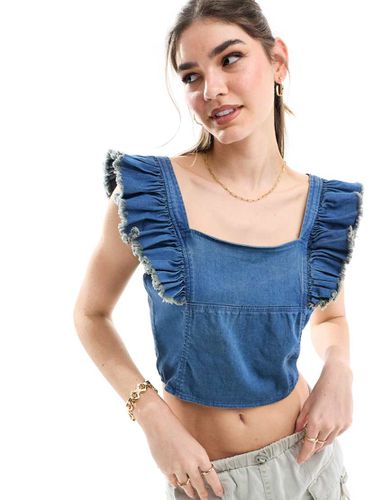 Top corset en denim avec détail volanté - Indigo délavé - Miss Selfridge - Modalova