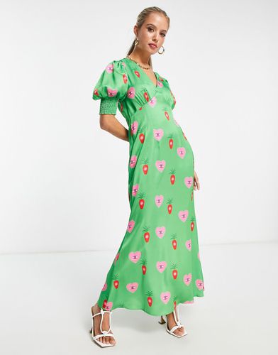 Robe longueur mollet à manches bouffantes et imprimé caurs - Vert - Never Fully Dressed - Modalova