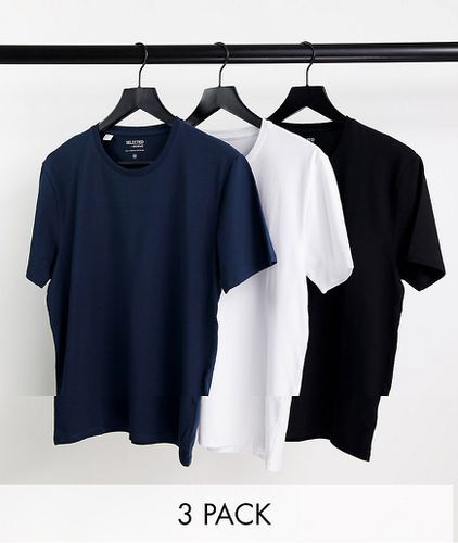 Lot de 3 t-shirts en coton mélangé - Noir, blanc et bleu marine - MULTI - Selected Homme - Modalova