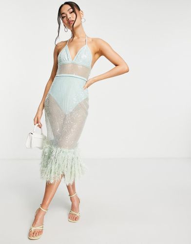 Exclusivité - Robe mi-longue transparente à ornements et plumes synthétiques - Menthe - Starlet - Modalova