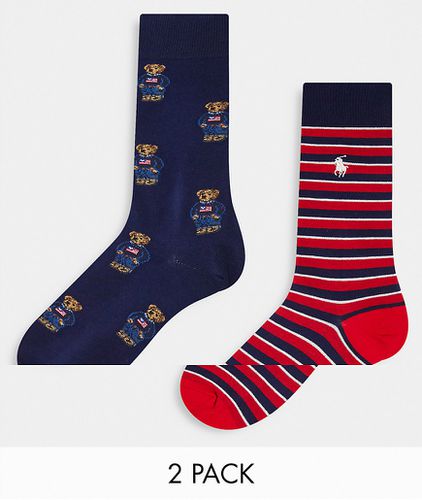 Lot de 2 paires de chaussettes à rayures et motif ours - Bleu marine/rouge - Polo Ralph Lauren - Modalova
