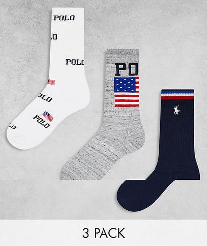 Lot de 3 paires de chaussettes de sport avec logo drapeau sur l'ensemble - Bleu marine, gris et - Polo Ralph Lauren - Modalova