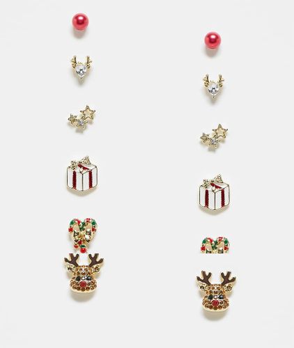 Lot de 6 paires des boucles d'oreilles de Noël avec rennes - Multicolore - Pieces - Modalova