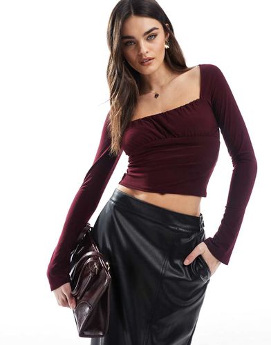 Top froncé en tulle à manches longues - Bordeaux - Pull & bear - Modalova