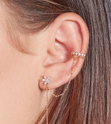 Ensemble boucle d'oreille fleur et bijou effet dentelle pour oreille gauche en plaqué or - With Bling - Modalova