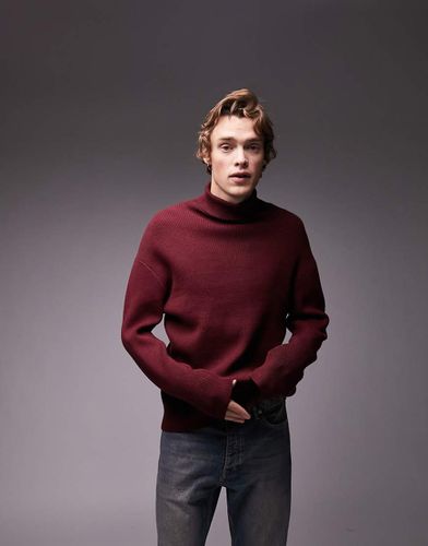 Pull en maille côtelée à col roulé - Bordeaux - Topman - Modalova