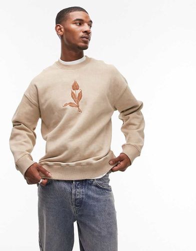 Sweat-shirt oversize à broderie tulipe - Taupe délavé - Topman - Modalova