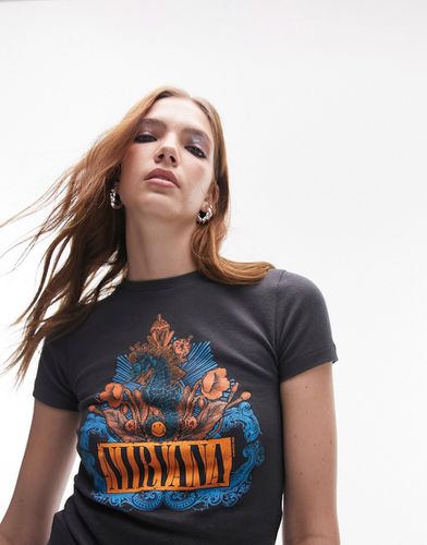 T-shirt raccourci avec imprimé Nirvana et hippocampes sous licence - Anthracite - Topshop - Modalova