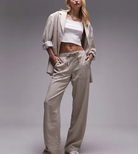 Pantalon droit taille basse en lin avec cordon à la taille - Beige - Topshop Tall - Modalova