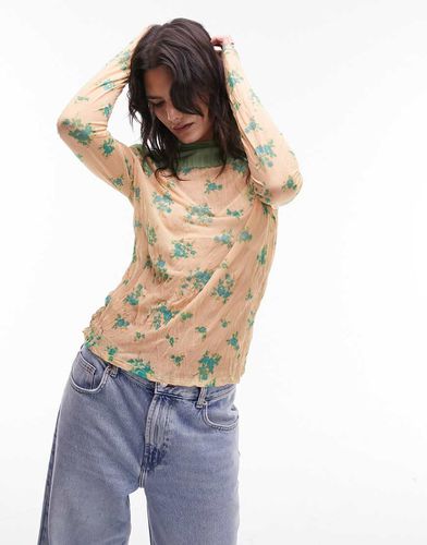 Top froissé à petites fleurs, col montant et manches longues - Pêche - Topshop - Modalova