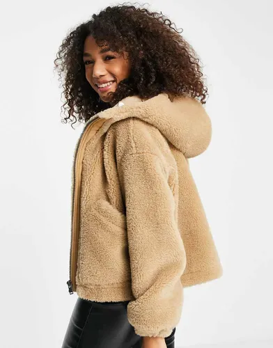 Veste zippée en fausse fourrure à capuche - Fauve - Topshop - Modalova