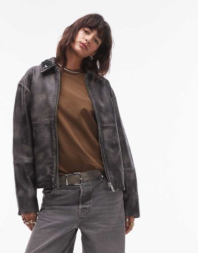 Veste en cuir véritable de qualité supérieure avec fermeture éclair au centre et ornements - Topshop - Modalova