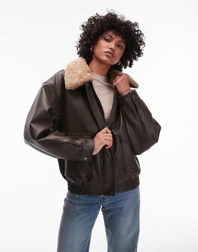 Veste style boule en similicuir - Marron et crème - Topshop - Modalova