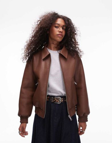 Bomber oversize en imitation cuir et imitation peau de mouton - Fauve - Topshop - Modalova