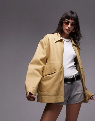 Blouson Harrington en cuir véritable de qualité supérieure - Topshop - Modalova