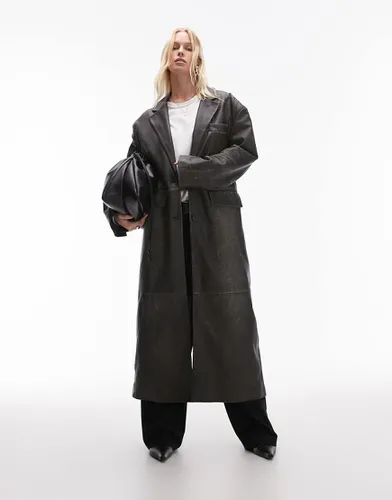 Manteau en cuir véritable de qualité supérieure - délavé - Topshop - Modalova